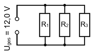 Schaltbild: drei parallel geschaltete Widerstände R1, R2, R3 an einer 12,0 V Spannungsquelle.